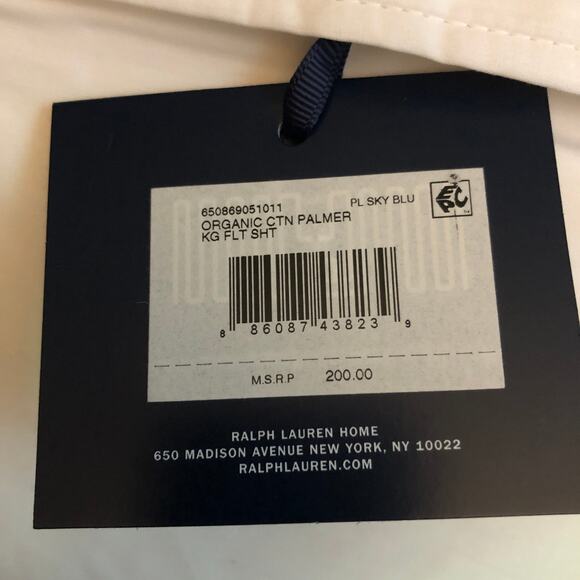 Ralph Lauren Organic Cotton Percale Palmer King Flat Sheet White Pale Sky Blue - Picture 10 of 10